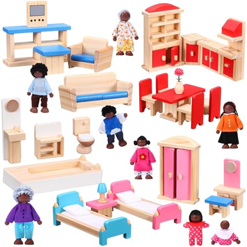 Sumind Wooden Dollhouse Furniture Set with Family Figures Dolls, 43 Pcs Imaginative Play Accessories for Kids, Fits Most 1:12 Dollhouses (1-inch Scale), Birthday (African-American Dolls)