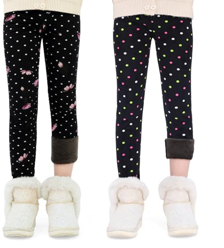 FILOWA Plyschleggings för flickor 2-pack fleecefodrade byxor för flickor termiska leggings tryckta långa varma byxor mjuka svarta elastiska byxor höst vinter casual tonåringar 4–11 år, blomma, 10-11