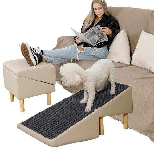 Hundetreppe Klappbar Sitzhocker – 90cm Lang rutschfeste Hunderampe & Weiche Haustiertreppe für Kleine & Große Hunde, Treppe für Sofa & Bett, Stabil & Faltbar, Möbeloptik, 45 cm Hoch (Beige)