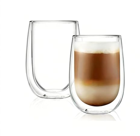 CNGLASS Insulated Double Wall Thermal Glass Cups 290ml, Clear Borosilicate Coffee Glasses Set of 2
