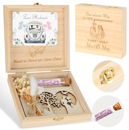 Hochzeitsgeschenke für Brautpaar, Geldgeschenk Hochzeit Holz, Hochzeitsgeschenk Geld, Getrocknete Blumenhoch, Holzbox, Hochzeitkarte, Geldgeschenke zur Hochzeit Hochzeitstag aus Holz, Paar Geschenke