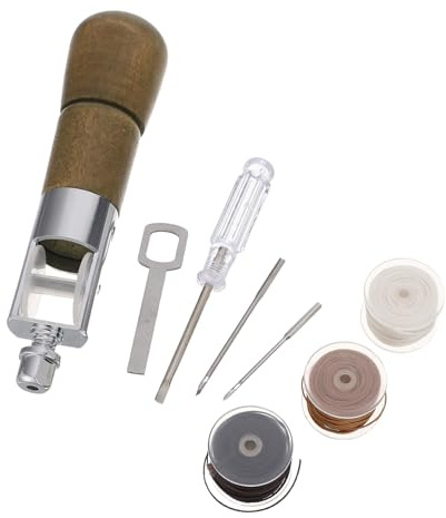 ORFOFE Set Punteruolo da Cucito in Legno per Pelle con Filo Cerato 0,8 Mm, Aghi e Cacciavite, Strumento Portatile per Riparazioni Scarpe, Cinture e Borse, Kit Cucito a Mano Artigianale