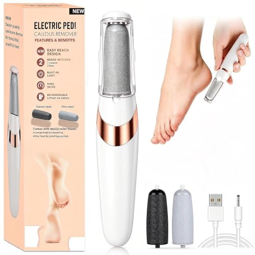 Electric Foot File, Hard Skin Remover Foot, USB Rechargeable Waterproof Electric Callus Remover 2 Speeds, Coarse and Fine Heads, LED Light, for Treating Dry Cracked Heels, Calluses and Dead Skin-White