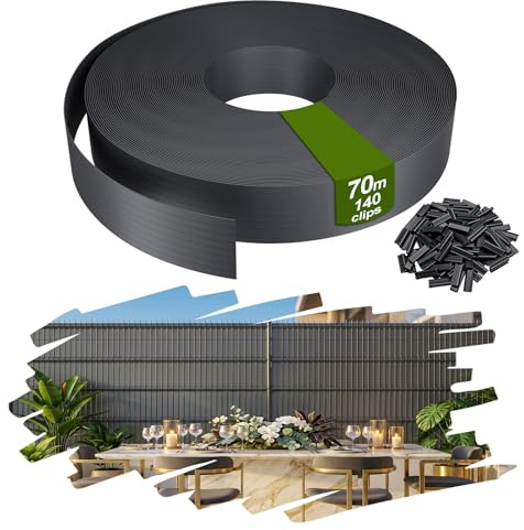 YRHome 70m PVC Sichtschutzstreifen 4,7 cm Höhe 3.29㎡ für Doppelstabmattenzaun, Wetterfest & UV-beständig, Blickdicht für Garten Balkon Terrasse, Inklusive 140 Befestigungsclips, Anthrazit