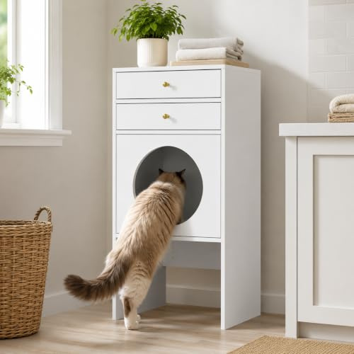 Mueble para Arenero de Gato con 2 Cajones, Armario Oculto para Caja de Arena con Entrada Redonda y Estante Abierto, Blanco, 50 x 40,4 x 106,9 cm