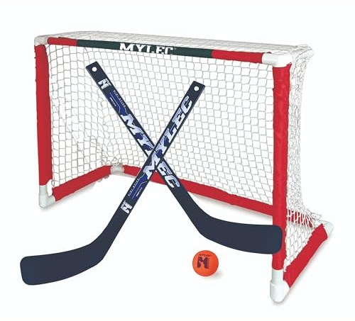 Mylec MINI Hockey Set - 1 x MINI PVC Hockey Goal (30.5 x 23), 2 x Plastic MINI Player Sticks (Left and Right), 1 x Hockey Foam Ball, Lightweight, Sleeve Netting System (Red, 3 Pounds)