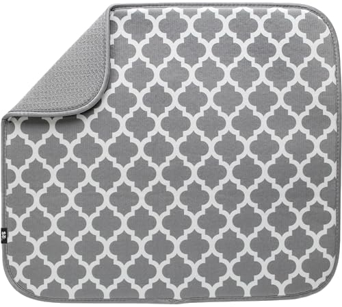 S&T INC. Absorbent, Reversible Microfiber Dish Drying Mat for Kitchen, 16 Inch x 18 Inch, White Trellis