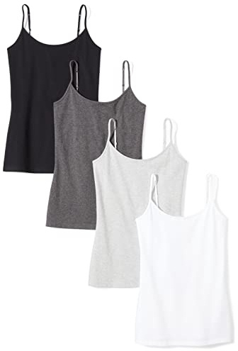 Amazon Essentials Women's Slim-Fit Camisole for Layering and Everyday Wear, Pack of 4, Black/Charcoal Heather/Light Grey Heather/White, Large