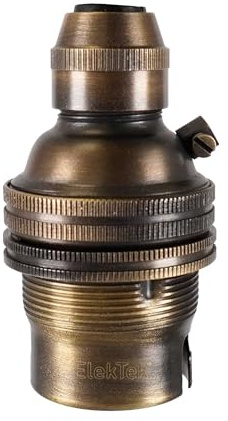 ElekTek B22 BC Bayonet Brushed Antique Brass Cord Grip Ceiling Pendant Unswitched Lamp Light Bulb Holder with Shade Ring - For use with Ceiling Rose and Lighting Flex (7mm Max. Dia.) - Made in UK