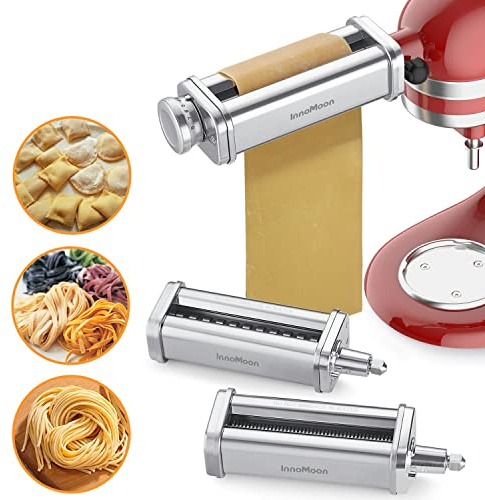 Pasta Maker Attachment for KitchenAid Stand Mixer, Includes Pasta Sheet Rollar, Spaghetti Cutter, Fettuccine Cutter, Stainless Steel Pasta Attachment Sets by InnoMoon