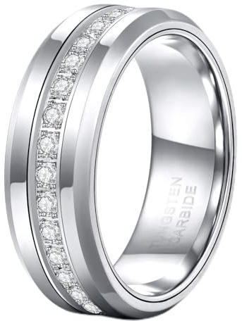 TRUMIUM 8mm Mens Wedding Band Tungsten Rings for Men Women with White Cubic Zirconia Eternity Ring CZ Inlaid Silver Plated Mens Rings Beveled Edges Comfort Fit Size 11