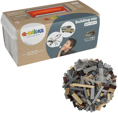 Q-Bricks Bausteine Box Kinder, 500 Teile kompatible Klemmbausteine Set mit 7 Formen in 6 Farben, Klassische Bausteine mit Aufbewahrungskoffer, hergestellt in der EU, Kreativspielzeug ab 4 Jahren
