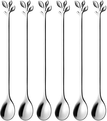 Eisteelöffel-Set mit langem Griff, 6 Stück 18,8 cm Eislöffel, Kreative Silberblatt Cocktail Rührlöffel, Premium Edelstahl in Lebensmittelqualität Teelöffel, Hochglanz-Finish & Spülmaschinenfest