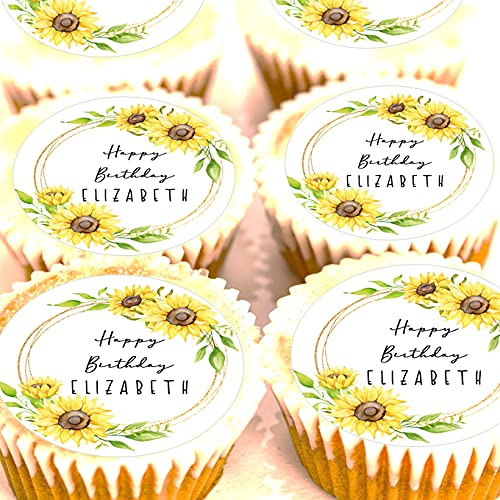 Personalised Birthday Cupcake Toppers - Your Message - Sunflowers - Edible Icing or Wafer - 4cm x 24 - Birthday Wedding Party Sunflower Decorations (Edible Icing)