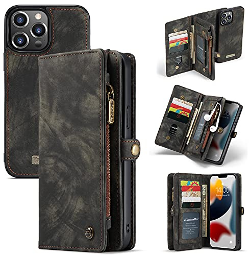 CaseMe Brieftasche Hülle für iPhone 13 Pro Max,Stoßfestes Geldbörsenetui,Abnehmbares Portemonnaie Mit Reißverschluss,Kartensteckplatz Und Originellem Magneten (13 Pro Max, Schwarz)