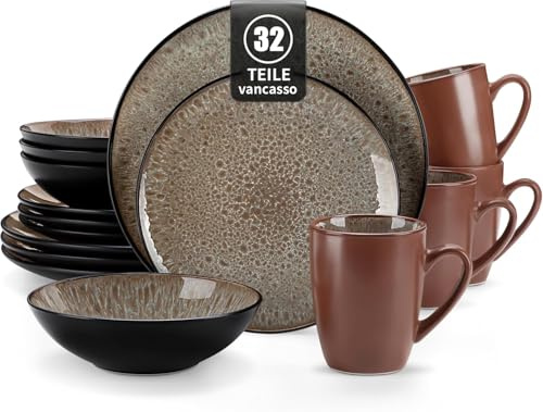 vancasso, Serie Bubble, 32 Pezzi Servizio Piatti in Stoneware con 8 Piatti da Dessert, 8 Piatti Fondi, 8 Ciotole Cereali e 8 Tazze per 8 Persone stile vintage