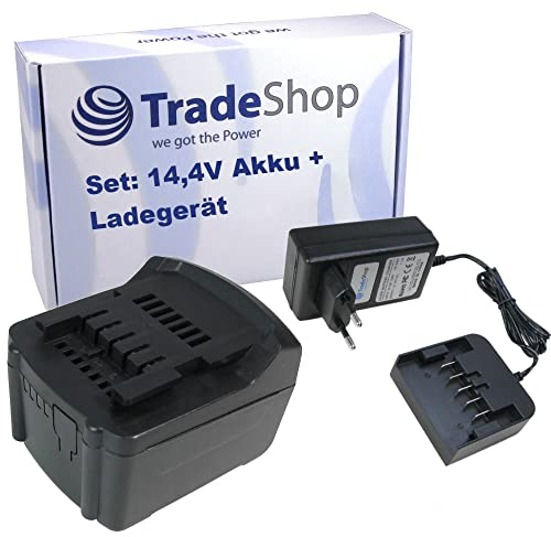 Trade-Shop 2in1 Set: Li-Ion Akku 14,4V / 3000mAh + Ladegerät für Metabo BS 14.4 LTX Impuls 6.02143.61, RC 14.4-18 60210600 Baustellen Radio
