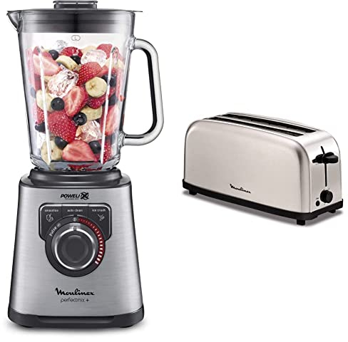 Moulinex Perfect Mix + LM811D Batidora de vaso de 1200 W, vidrio acabados exteriores de acero inoxidable + Classic LS330D Tostador Acero Inoxidable, 2 Ranuras largas y anchas, 1400 W