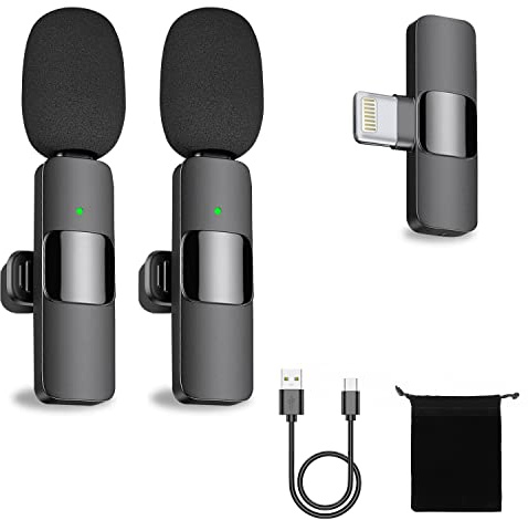 Micrófono iPhone, EVARY 2,4GHz Micrófono Inalámbrico iPhone, Microfono Inalambrico para Móvil con Dos Transmisores, Micrófono Solapa Inalámbrico para Vlog/TIK Tok, Wireless Lavalier Microphone iPhone
