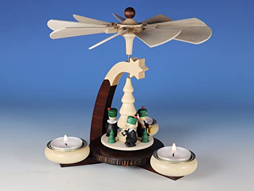 Kunsthandwerk Ullrich Pirámide de tealight, diseño de minero, color marrón oscuro/natural, para 3 velas de té, 19,5 x 19 cm, pirámide de madera