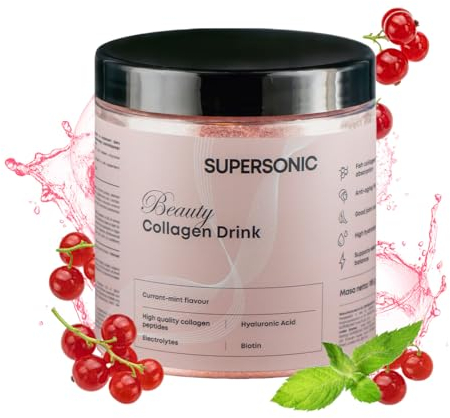 Supersonic food Beauty Collagen Pulver Drink - Kollagen Pulver mit Hyaluron und Vitamine C Komplex - Collagen Pulver Collagen - Kolagenpulver Hochdosiert Kollagen Peptide Currant-Minze 185g