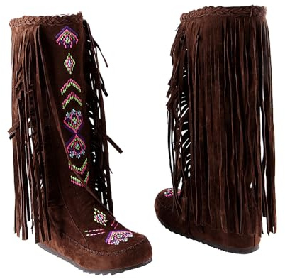 ESSUE Botte Haute Jusqu'au Genou Femme Western Frange Botte Décontractées Respirantes Bottes de cowboy confortables Bottes hautes pour femme à talon plat Goth Punk Style Bottes