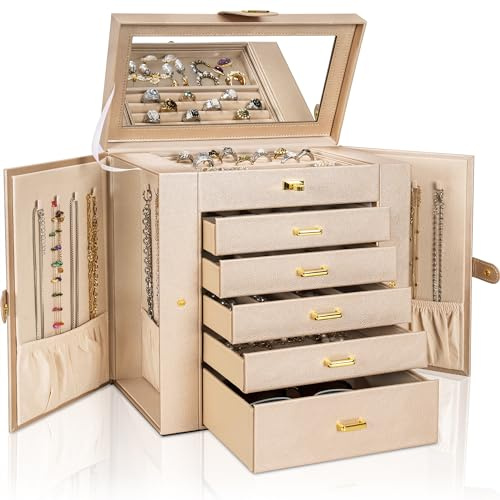 AKOZLIN Grande boîte à bijoux fonctionnelle avec miroir pour femmes et filles, coffret de rangement de très grande taille en cuir pour bagues, colliers, boucles d'oreilles, bracelets