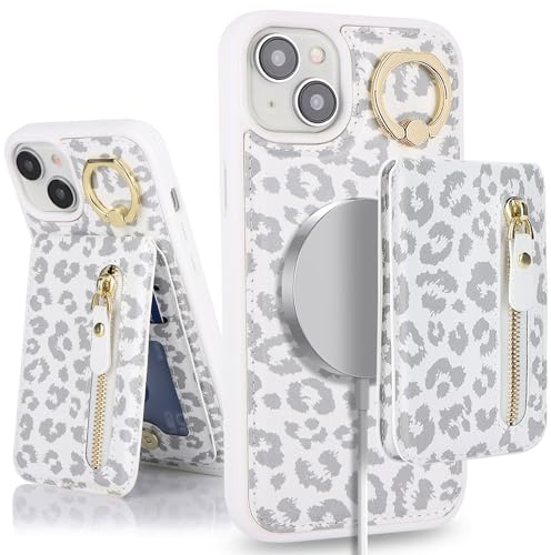 SailorTech iPhone 13 Case with Card Holder, Ring Stand Kickstand - White Leopard