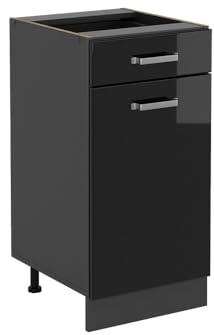 Vicco Küchenunterschrank R-Line, Schwarz Hochglanz, 40 cm | 1 Schublade · Ohne Arbeitsplatte · Höhenverstellbare Füße · ✓ Leichter Zugriff · ✓ Frei kombinierbar
