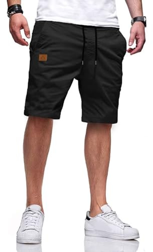 Tansozer Korta Byxor Herr Sommar Chino Bomull Shorts för Män Lätta Bermudashorts Casual Modeshorts Elastisk Midja Dragsko Fritid Korta Byxor för Herr med Fickor Svart 3XL