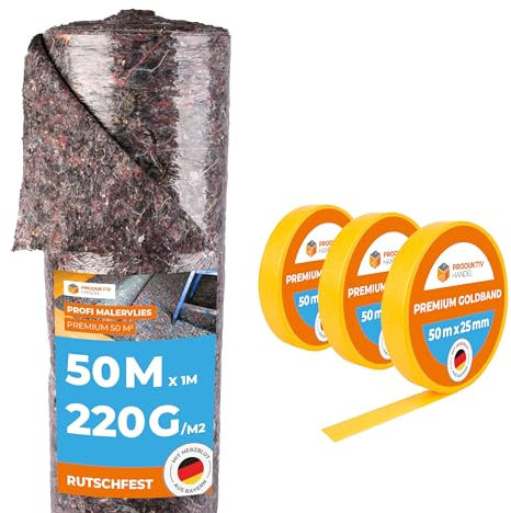 Produktiv Handel Malervlies Rolle 50m x 1m 220g/m Abdeckvlies in Profi-Qualität mit PE Anti-Rutsch Beschichtung & 3 Rollen Goldband Klebeband | Malerfliesrolle Abdeckflies als Bodenschutz