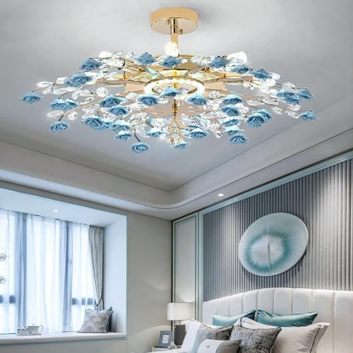 Creative Rose Semi Flush Mount Ceiling Light Fixture,E12+LED Modern Crystal Chandelier for Dining Room,Ceramic Flowers Indoor Decor Chandelier Ceiling Light for Foyer,Enterway(60cm, Blue)