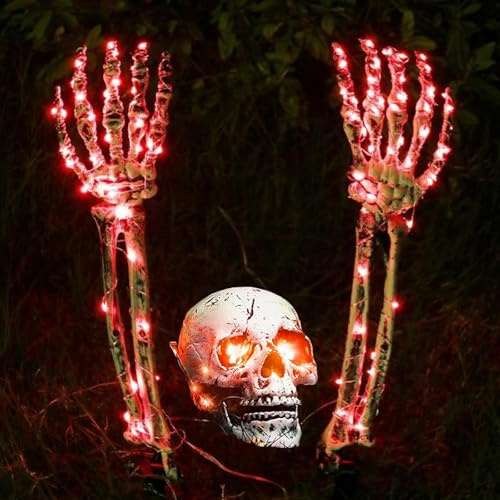 Halloween Skelett Stakes Garten Deko gruselig, Outdoor Totenkopf Deko, Horror Schädel mit Skelett Hand, Lebensgroß für Outdoor Friedhof Dekorationen, 3 Teile (rot)