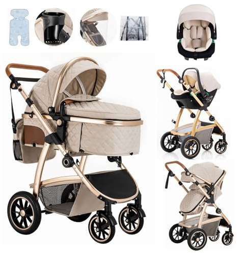 Lnhcrbs Passeggino Trio,Passeggino Leggero è Dotato di Un Maniglione Regolabile in Altezza,Passeggino Reversibile è Dotato Anche di Seggiolino Auto, Zanzariera e Borsa Per La Mamma, Portabicchieri