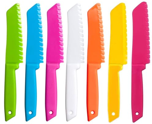 7 Pieces Plastic Kid Kitchen Knife Set, Reusable Nylon Chef Knife Children's Safe Cooking Knives for Baking, Fruit, Bread, Cake, Lettuce Knife, Salad Knife