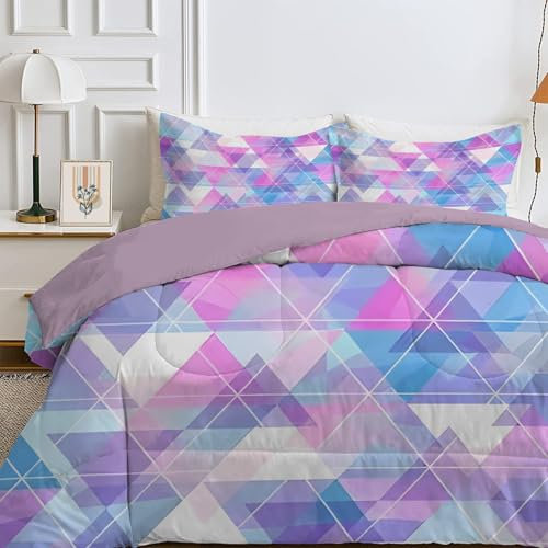 Qiwagu Bettdecke 135x200 4 Jahreszeiten, Wende Blau-Violette Geometrie Steppdecke Waschbare, Bettdecke ohne Bezug Nutzbar, Leicht Weiche Schlafdecke 200GSM, Ganzjahresdecke Farbig mit 1 Kissenbezug