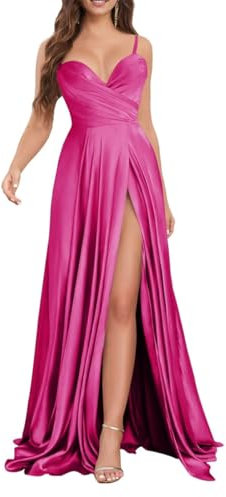 SAYNO Vestido de dama de honor plisado con hombros delgados y cuello en V para mujer, con abertura alta, sin mangas, vestido formal de invitada, fucsia, 42