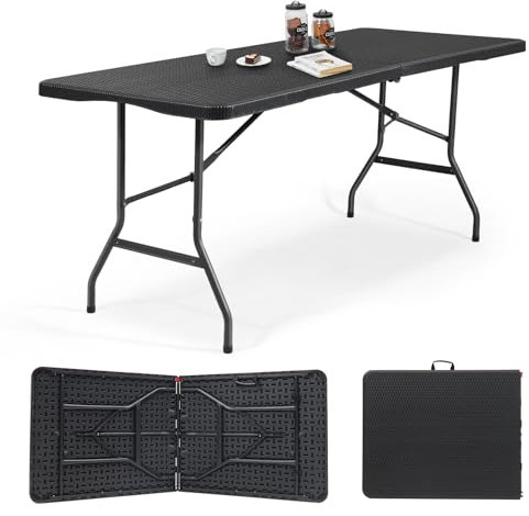 Sekey Table de Buffet Pliable en Plastique - 180 x 74 x 74 cm - Aspect rotin - avec poignée de Transport - Table de fête Pliante pour Jardin, terrasse et Balcon - Table de Camping pour 6 Personnes