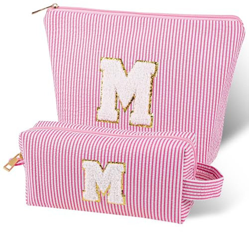 Make-up-Tasche mit Initiale, 2 Stück Personalisiert Schminktasche Damen, Nach Initialen Reise-Make-up-Tasche für Frauen, Mama, Freundin, Muttertag, Valentinstag, Geburtstagsgeschenk（Rosa M）