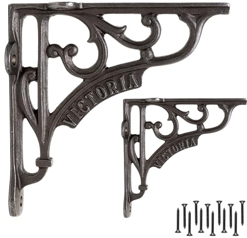EDUWURXS Victoria Cast Iron Shelf Brackets 6x6in Heavy Duty, Pair | Heavy-duty cast iron shelf brackets with an industrial finish for wall-mounted wooden shelving.