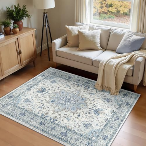 INOVADAY Tappeto 120x180 cm Lavabile in Lavatrice Vintage Antiscivolo Blu/Grigio
