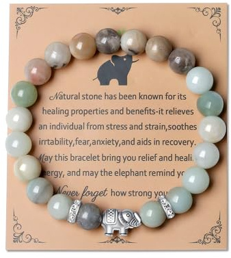 AWARDSEN Elephant Gifts for Women, Elephant Bracelet Strength Bracelet Lucky Charm 8 mm Round Gemstones Animal Crystal Bracelets Get Well Soon Gifts for Mum Her