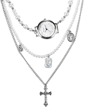 JewelryWe Orologio da Tasca da Donna Croce: Orologio Collana Catena con Pendente Idee Regalo per lei