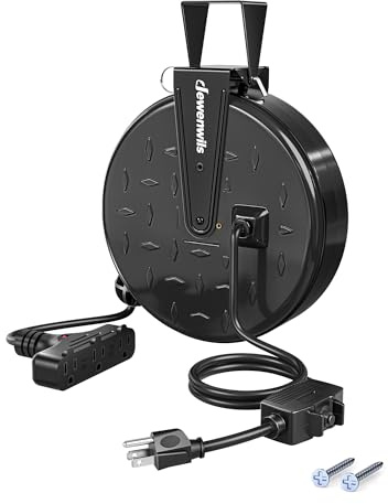 DEWENWILS 30 Ft Retractable Extension Cord Reel, Ceiling/Wall Mount 16/3 Gauge SJTW Power Cord with 3 Electrical Outlets Pigtail for Garage and Shop, 10 Amp Circuit Breaker, Metal Plate, UL Listed