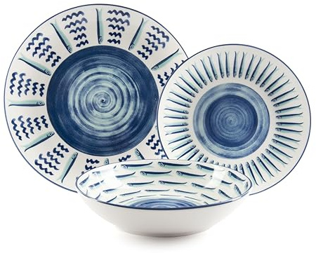 Excelsa Méditerranée Service de vaisselle en porcelaine, 18 pièces, décoration mer bleue