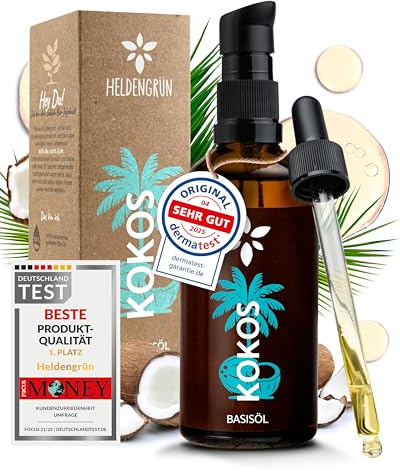 Heldengrün® Kokosöl flüssig [100% REIN] Trägeröl für ätherische Öle 100 ml | Bleibt dauerhaft flüssig · Geruchs- und farbneutral · Basis für ätherische Öle · Dermatologisch getestet · Deutsches Startup