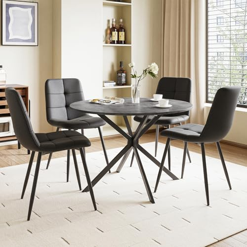 Luxstein Round Dining Table and Chairs Set 4, 100cm Concrete Effect Folding Table with 4 Black Upholstered Linen Chairs for Dining Room, Kitchen