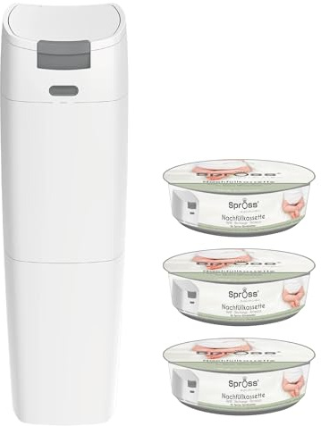 Spross Windeleimer inkl. 3 Nachfüllkassetten - geruchsdichtes System mit Einhandbedienung Mülleimer für Baby Windeln in weiß grau