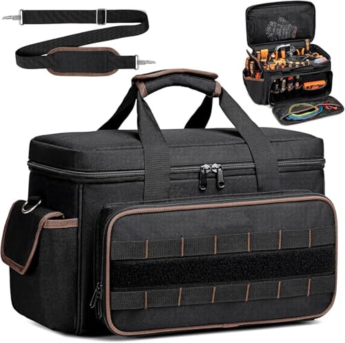 17-Inch Heavy Duty Electrician Tool Bag, Durable with Reinforced Stitching, Hard Base, Waterproof & Adjustable Strap, 28 Storage for Tradespeople