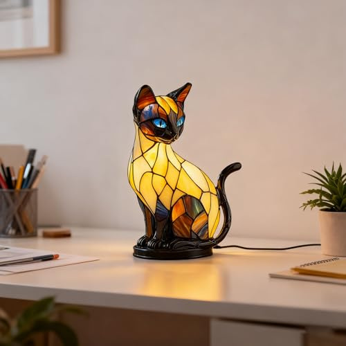 Cat Lamp, Stained Glass Lamp, Decorative Resin LED Night Light for Cat Lovers, USB Vintage 3D Table Lamp Cozy Glow for Desk & Mantel Fun Gift for Pet Owners (1)